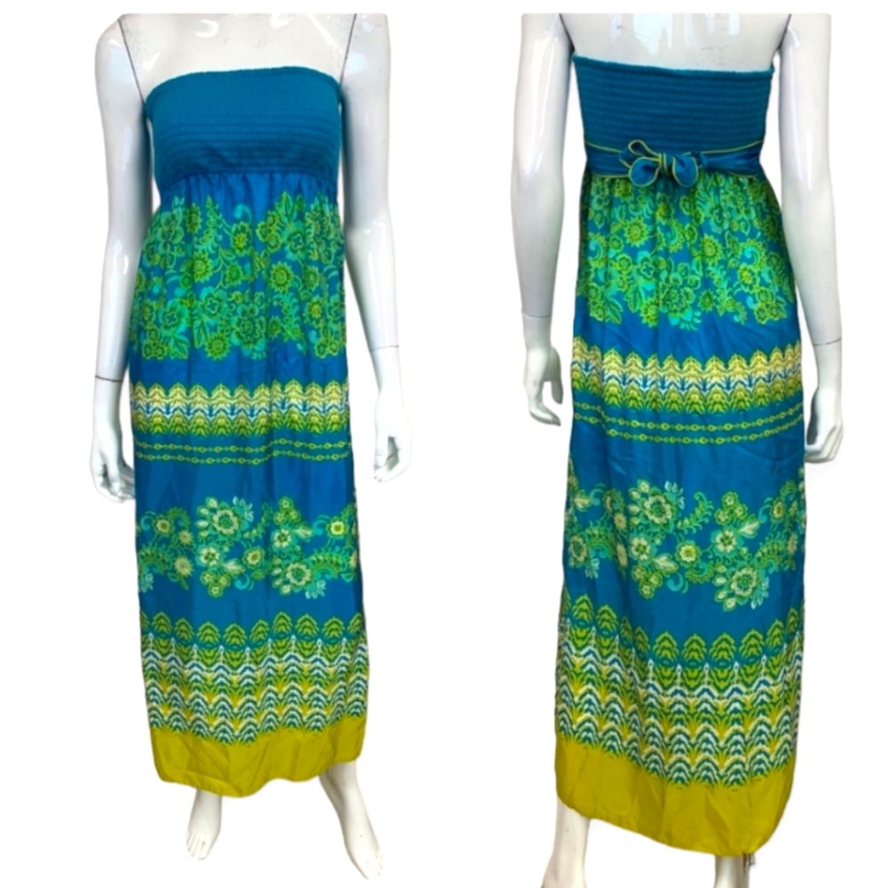 Anthropologie Mermaid blue green floral silk ruched smock maxi dress Women Large
